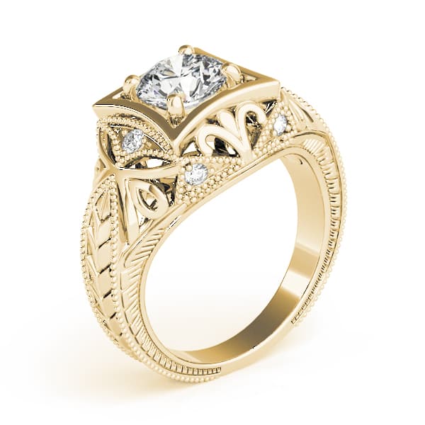 Vintage Inspired Engraved Milgrain Engagement Ring, style 83320, Angle view in yellow gold