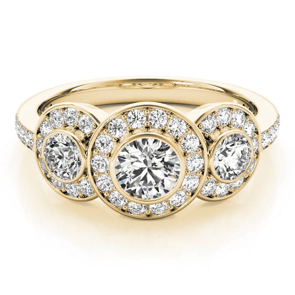 3 Stone Round Engagement Ring, style 83341, On hand view in yellow gold