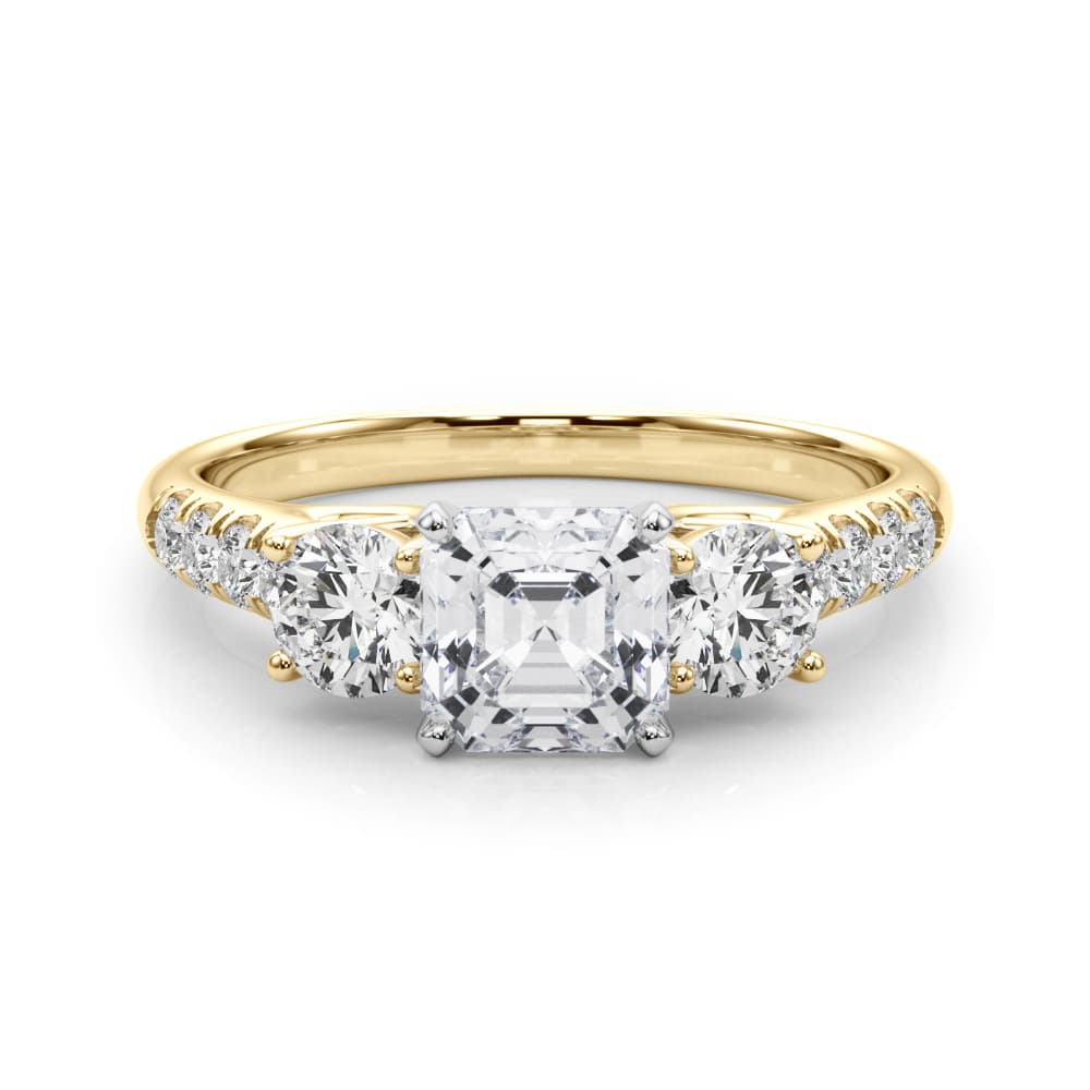 3-Stone Single Row Engagement Ring, style 83364, On hand view in yellow gold