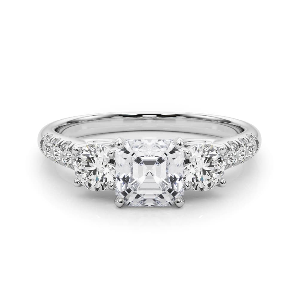 3-Stone Single Row Engagement Ring, style 83364, On hand view in white gold or platinum