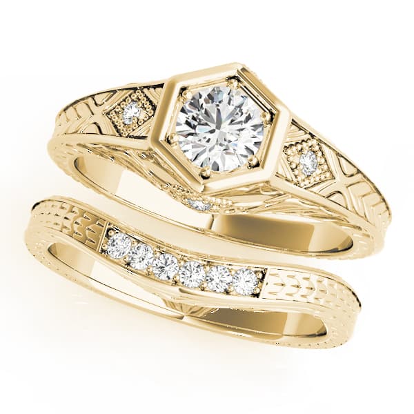 Vintage-Inspired Round Engagement Ring, style 83377, On hand view in yellow gold