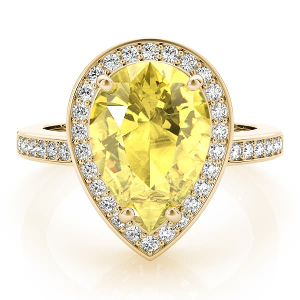 Single Row Pear-Cut Halo Color Ring (0.43 ct. tw.), On hand view in yellow gold