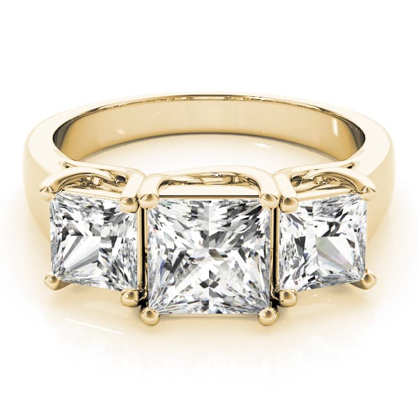 3-Stone Princess Cut Trellis Engagement Ring, style 83478, On hand view in yellow gold