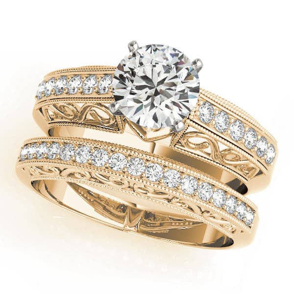 Antique Style Milgrain Filigree Engagement Ring, style 83491, On hand view in yellow gold