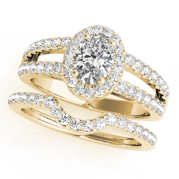 Double Row Split Shank Halo Oval Engagement Ring, style 83492, On hand view in yellow gold