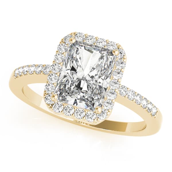 Single Row Emerald Cut Halo Engagement Ring, style 83495, Front view in yellow gold