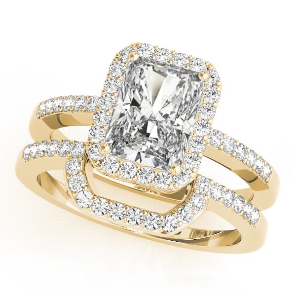Single Row Emerald Cut Halo Engagement Ring, style 83495, On hand view in yellow gold