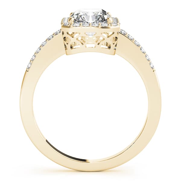 Single Row Emerald Cut Halo Engagement Ring, style 83495, Side view in yellow gold
