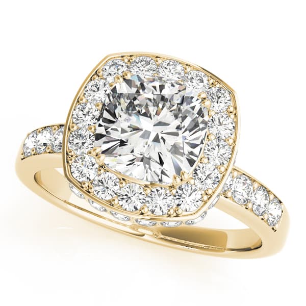 Single Row Bezel Set Cushion Halo Engagement Ring, style 83502, Front view in yellow gold