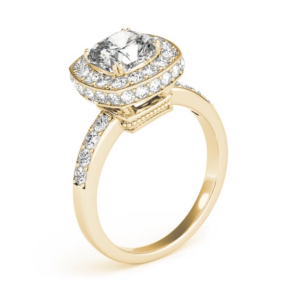Single Row Bezel Set Cushion Halo Engagement Ring, style 83502, Angle view in yellow gold