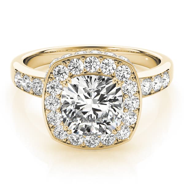 Single Row Bezel Set Cushion Halo Engagement Ring, style 83502, On hand view in yellow gold