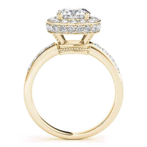 Single Row Bezel Set Cushion Halo Engagement Ring, style 83502, Side view in yellow gold