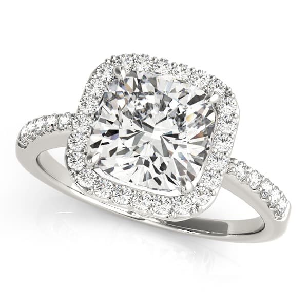 Single Row Halo Cushion Engagement Ring in White gold