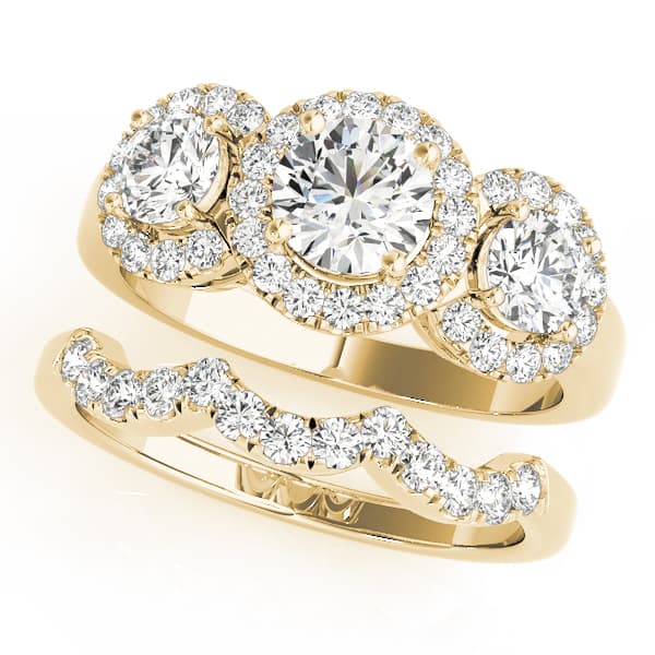 3 Stone Round Engagement Ring, style 83540, On hand view in yellow gold