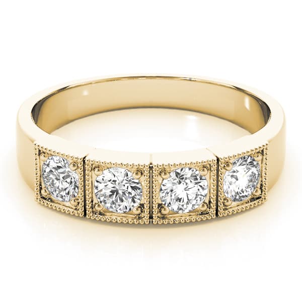 3 Stone Round Engagement Ring, style 83550, On hand view in yellow gold