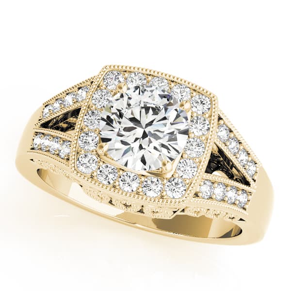 Antique Style Halo Milgrain Split Shank Engagement Ring, style 83554, Front view in yellow gold