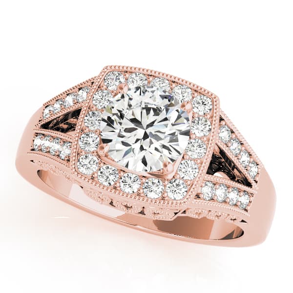 Antique Style Halo Milgrain Split Shank Engagement Ring, style 83554, Front view in rose gold