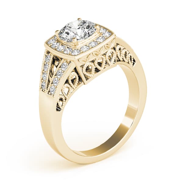 Antique Style Halo Milgrain Split Shank Engagement Ring, style 83554, Angle view in yellow gold