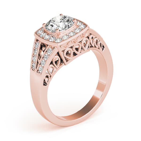 Antique Style Halo Milgrain Split Shank Engagement Ring, style 83554, Angle view in rose gold