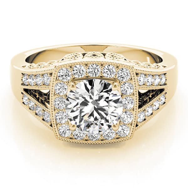 Antique Style Halo Milgrain Split Shank Engagement Ring, style 83554, On hand view in yellow gold