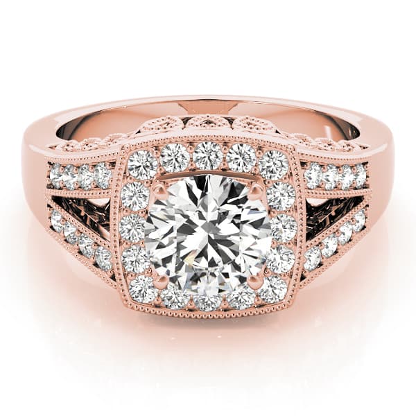 Antique Style Halo Milgrain Split Shank Engagement Ring, style 83554, On hand view in rose gold