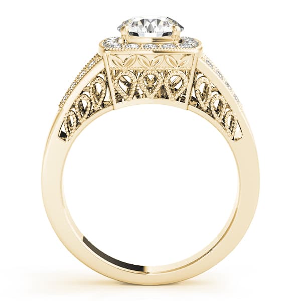 Antique Style Halo Milgrain Split Shank Engagement Ring, style 83554, Side view in yellow gold