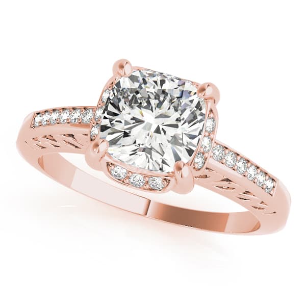 Single Row Cushion Cut Halo Engagement Ring, style 83611, Front view in rose gold