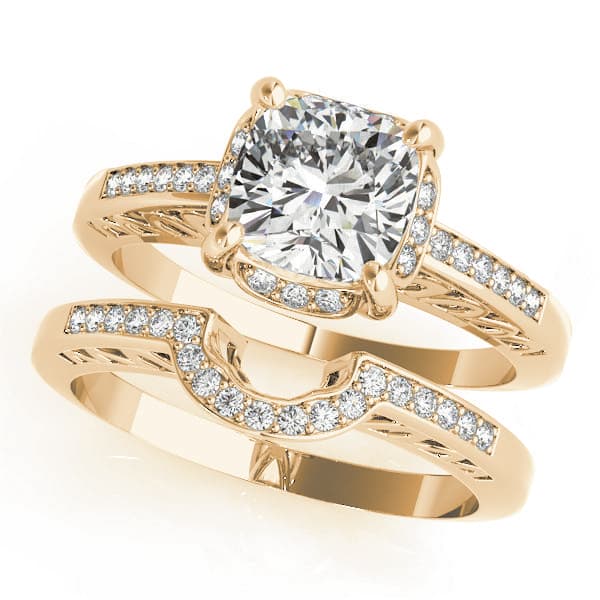 Single Row Cushion Cut Halo Engagement Ring, style 83611, On hand view in yellow gold