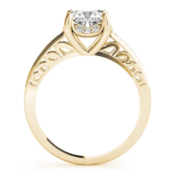Single Row Cushion Cut Halo Engagement Ring, style 83611, Side view in yellow gold