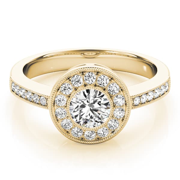 Vintage Style Milgrain Halo Engagement Ring, style 83616, On hand view in yellow gold