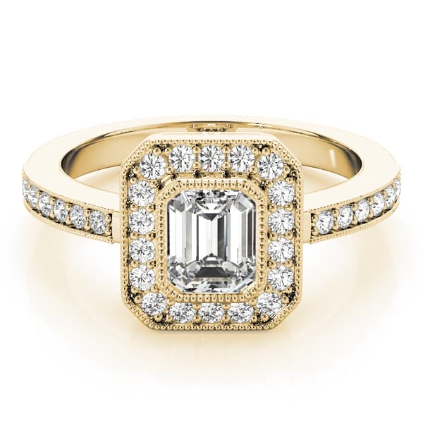 Halo Emerald Engagement Ring, style 83650, On hand view in yellow gold