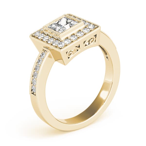 Halo Square & Cus Engagement Ring, style 83651, Angle view in yellow gold