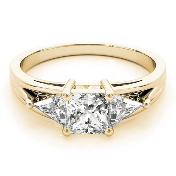 3 Stone Princess Engagement Ring, style 83770, On hand view in yellow gold