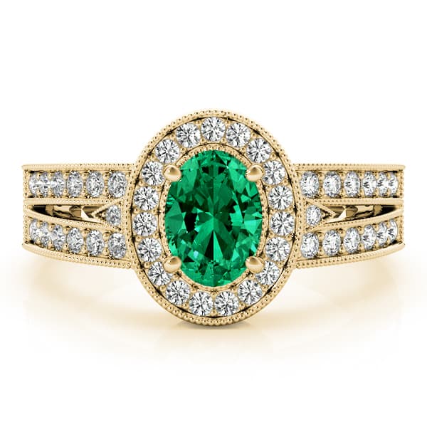 Vintage Oval Halo Milgrain Engagement Ring, style 84003, On hand view in yellow gold