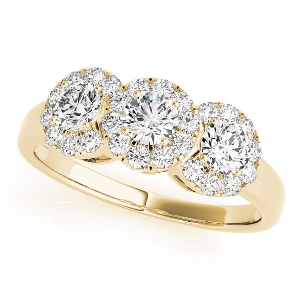 3-Stone Halo Engagement Ring, style 84006, Front view in yellow gold