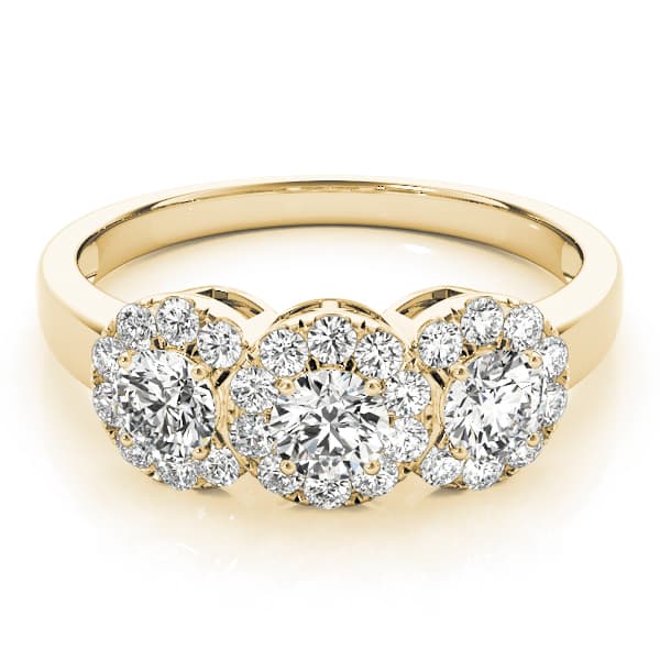 3-Stone Halo Engagement Ring, style 84006, On hand view in yellow gold