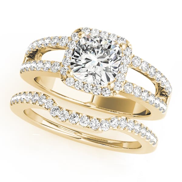 Split Shank Halo Cushion Engagement Ring, style 84051, On hand view in yellow gold