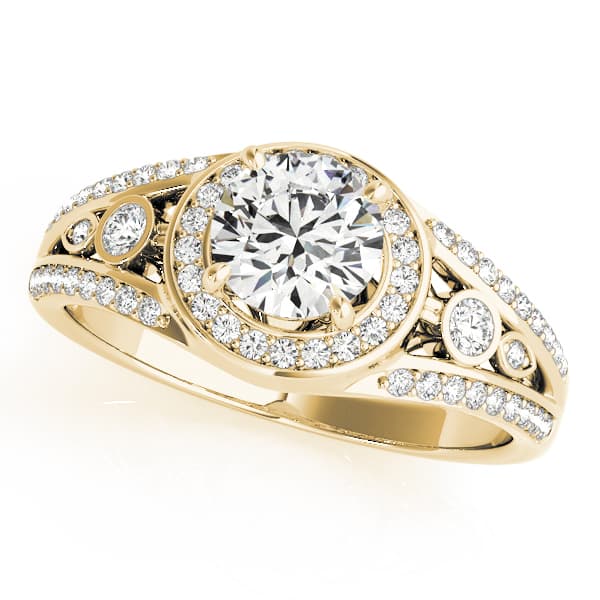 Vintage Inspired Halo Round Engagement Ring, style 84058, Front view in yellow gold