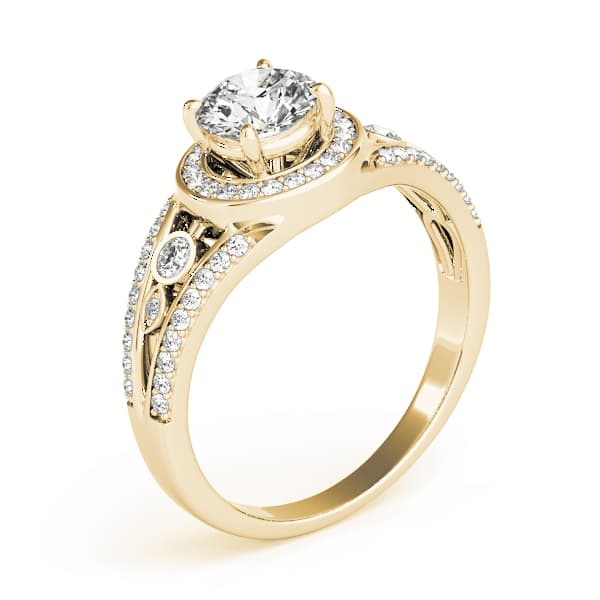 Vintage Inspired Halo Round Engagement Ring, style 84058, Angle view in yellow gold