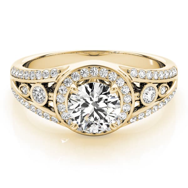 Vintage Inspired Halo Round Engagement Ring, style 84058, On hand view in yellow gold