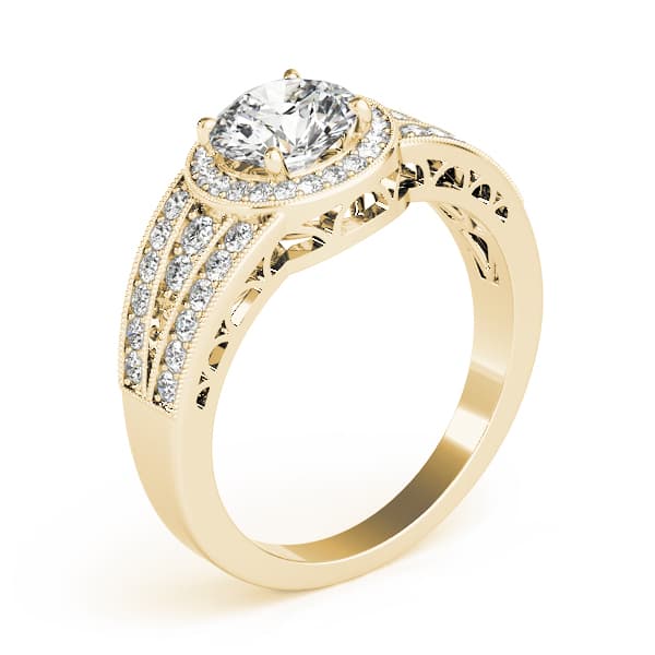 Vintage Multi-Row Milgrain Halo Engagement Ring, style 84059, Angle view in yellow gold
