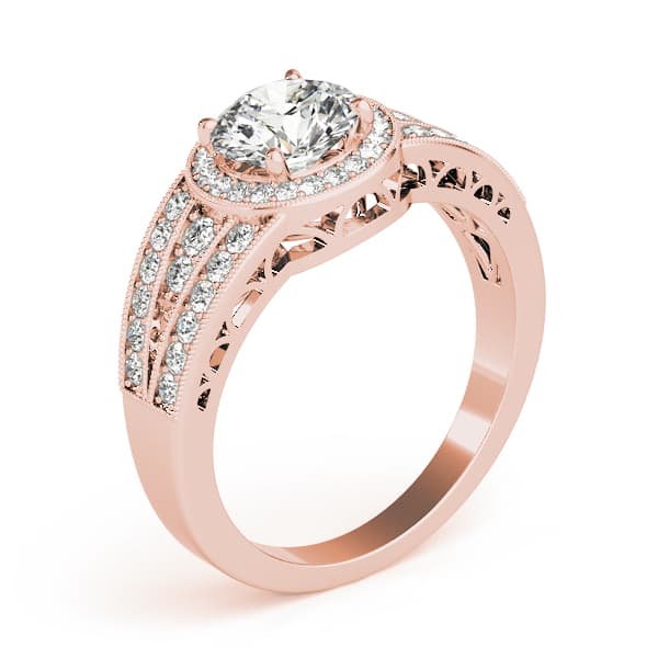 Vintage Multi-Row Milgrain Halo Engagement Ring, style 84059, Angle view in rose gold