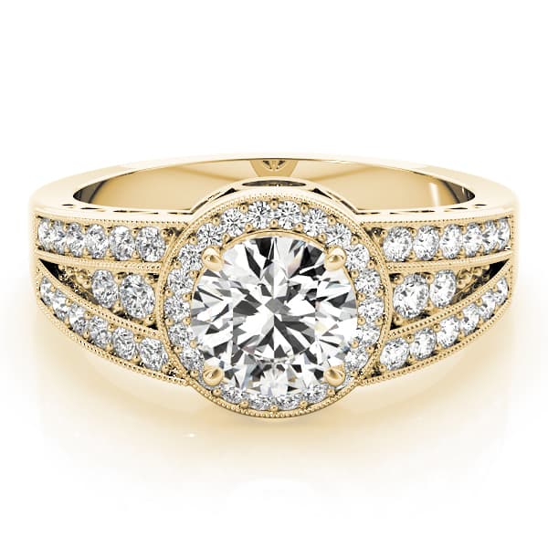 Vintage Multi-Row Milgrain Halo Engagement Ring, style 84059, On hand view in yellow gold