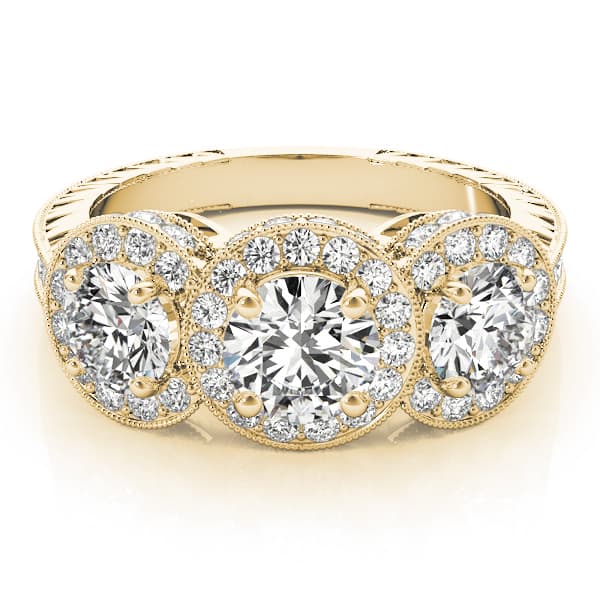 3 Stone Round Engagement Ring, style 84080, On hand view in yellow gold