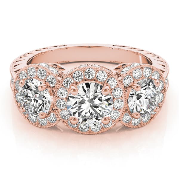 3 Stone Round Engagement Ring, style 84080, On hand view in rose gold