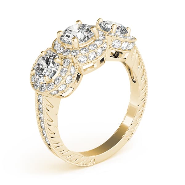 3 Stone Round Engagement Ring, style 84080, Top view in yellow gold