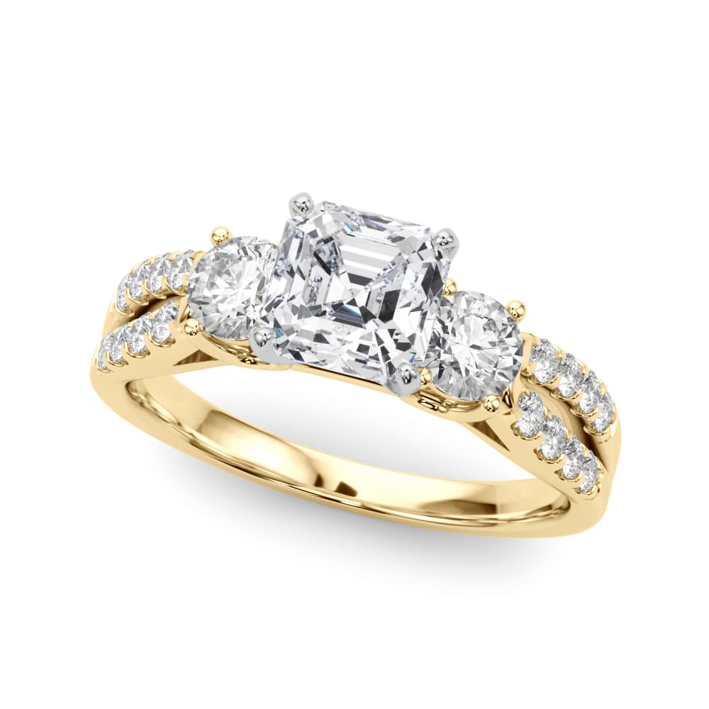 Three Stone Engagement Ring with Split Shank, style 84277, Front view in yellow gold