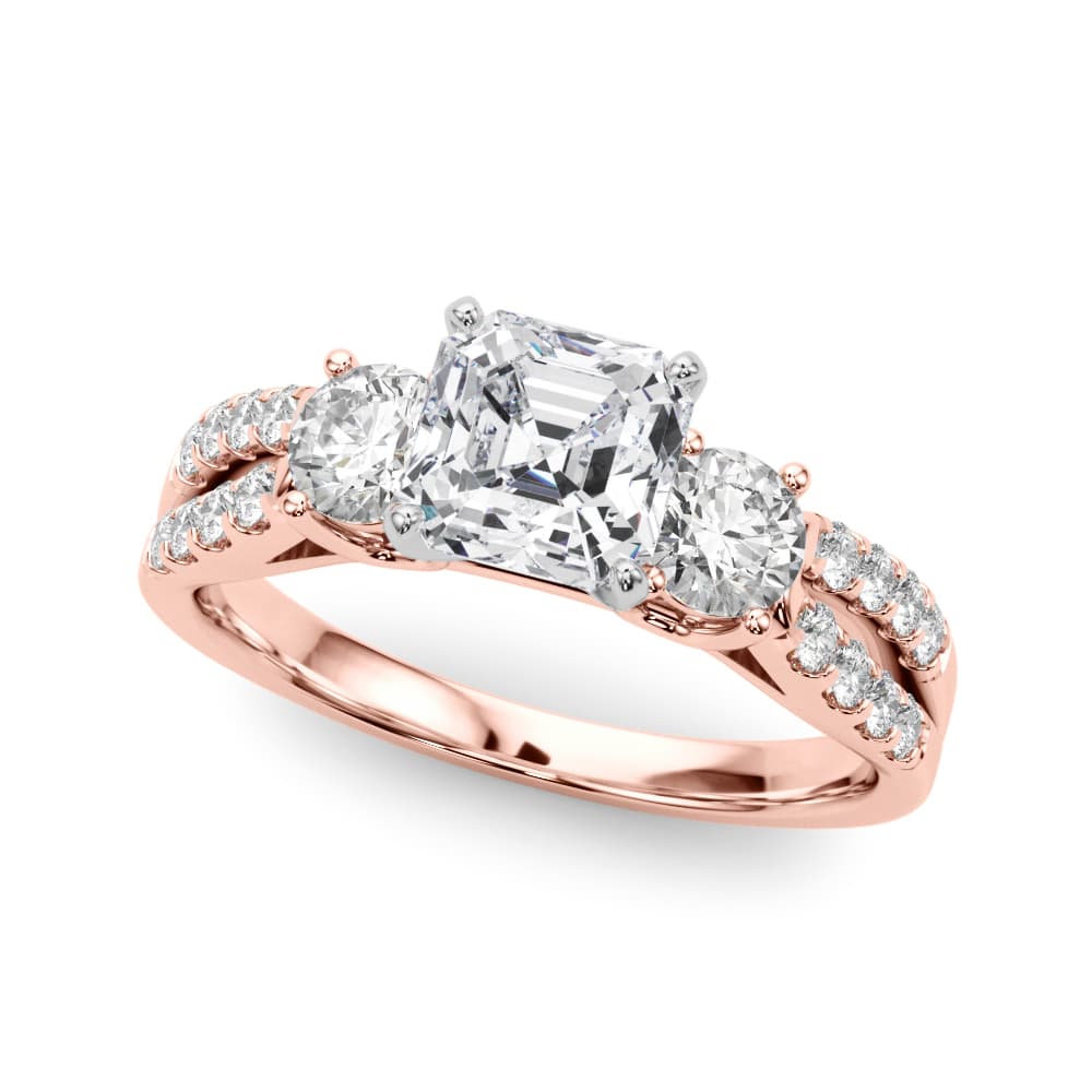 Three Stone Engagement Ring with Split Shank, style 84277, Front view in rose gold