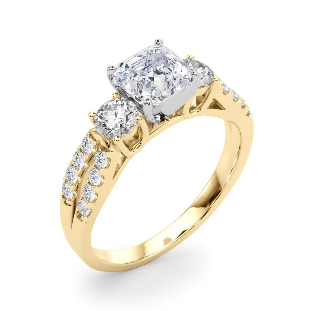 Three Stone Engagement Ring with Split Shank, style 84277, Angle view in yellow gold