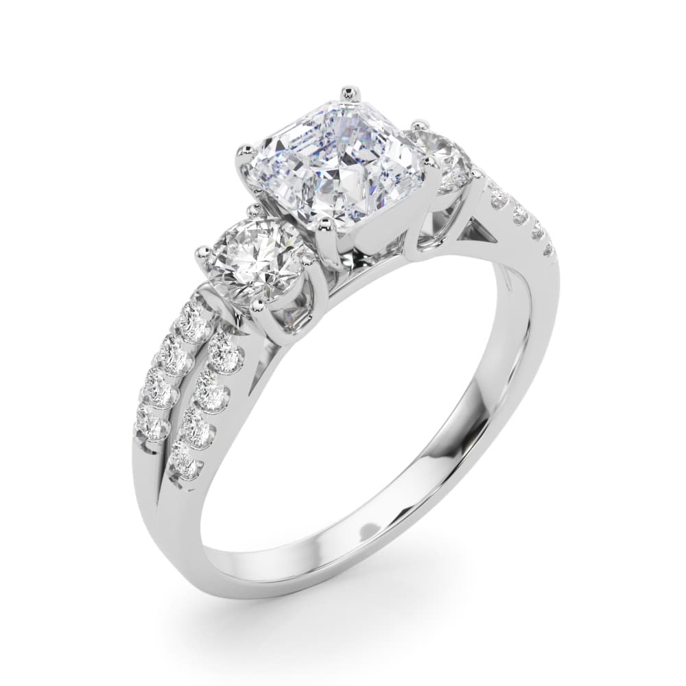 Three Stone Engagement Ring with Split Shank, style 84277, Angle view in white gold or platinum